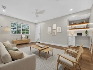 Renovated living room at Riverside Apartments